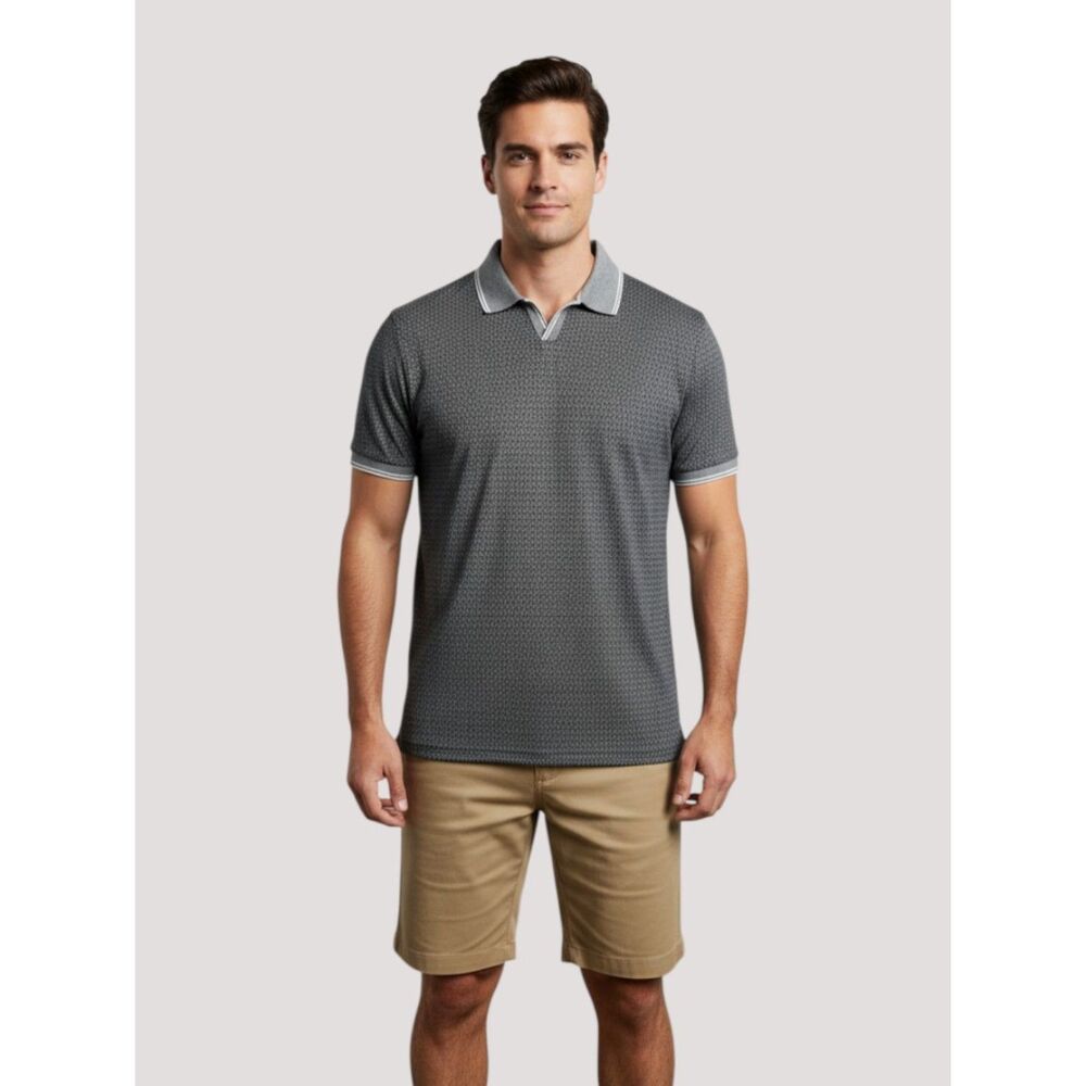 Express Mens Textured Knit Johnny Collar Polo Shirt Large Black White V Neck